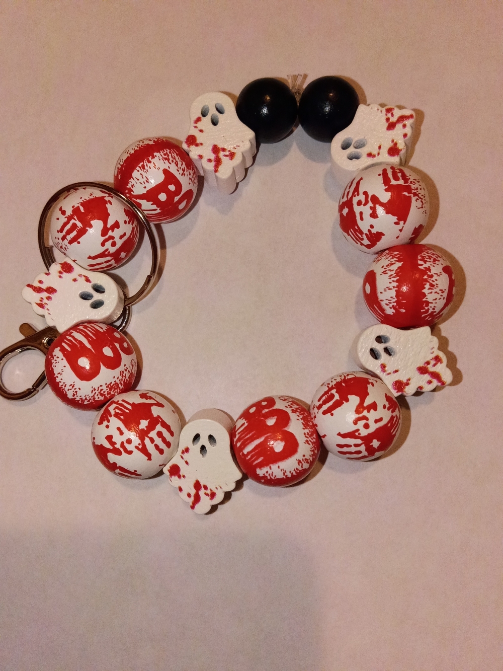 Handmade Halloween Beaded Bracelet with Ghost Charms - Red & White